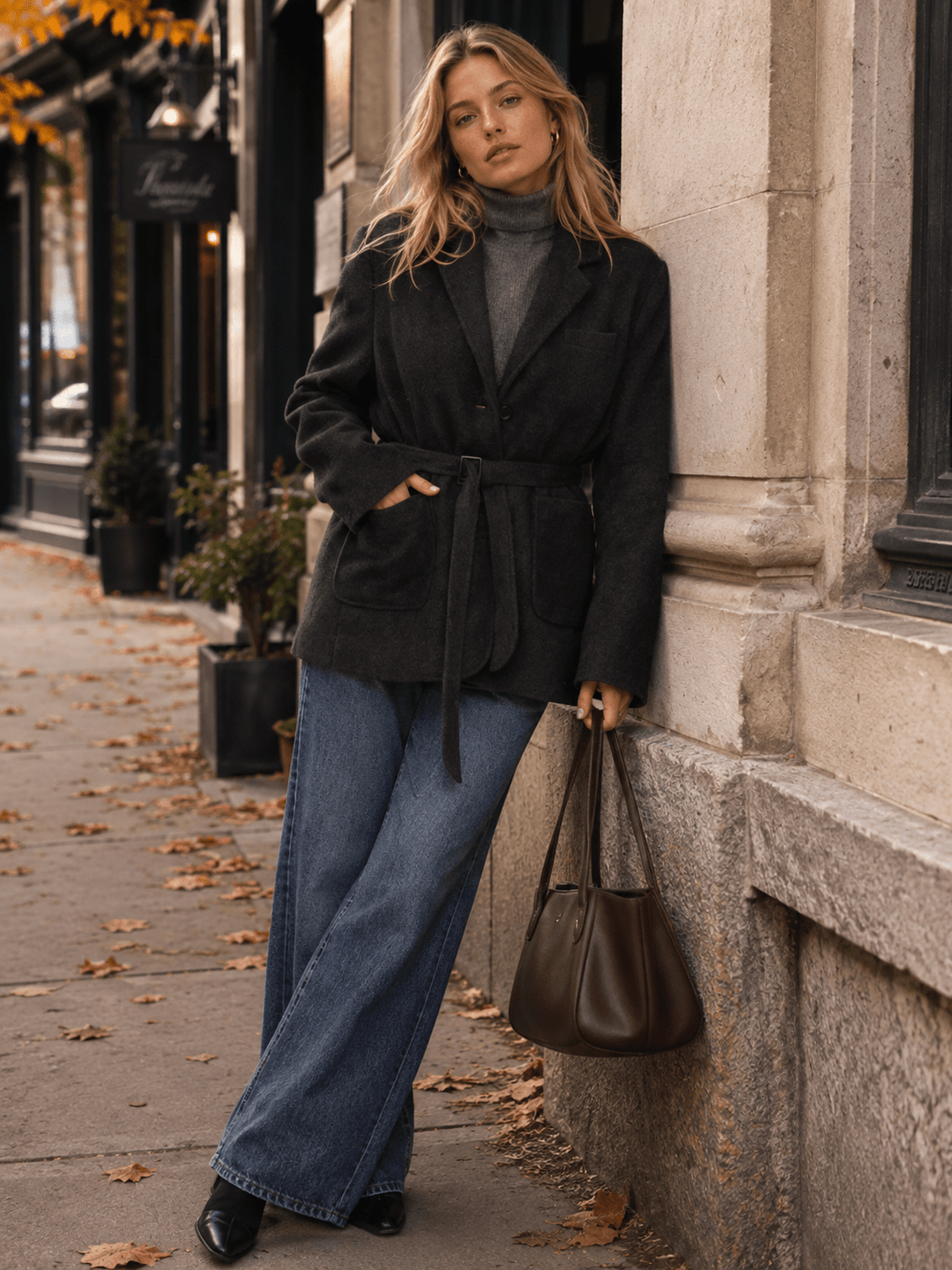 WOMEN'S LONG SLEEVE BUTTON CLOSURE FRONT POCKETS BELTED JACKET