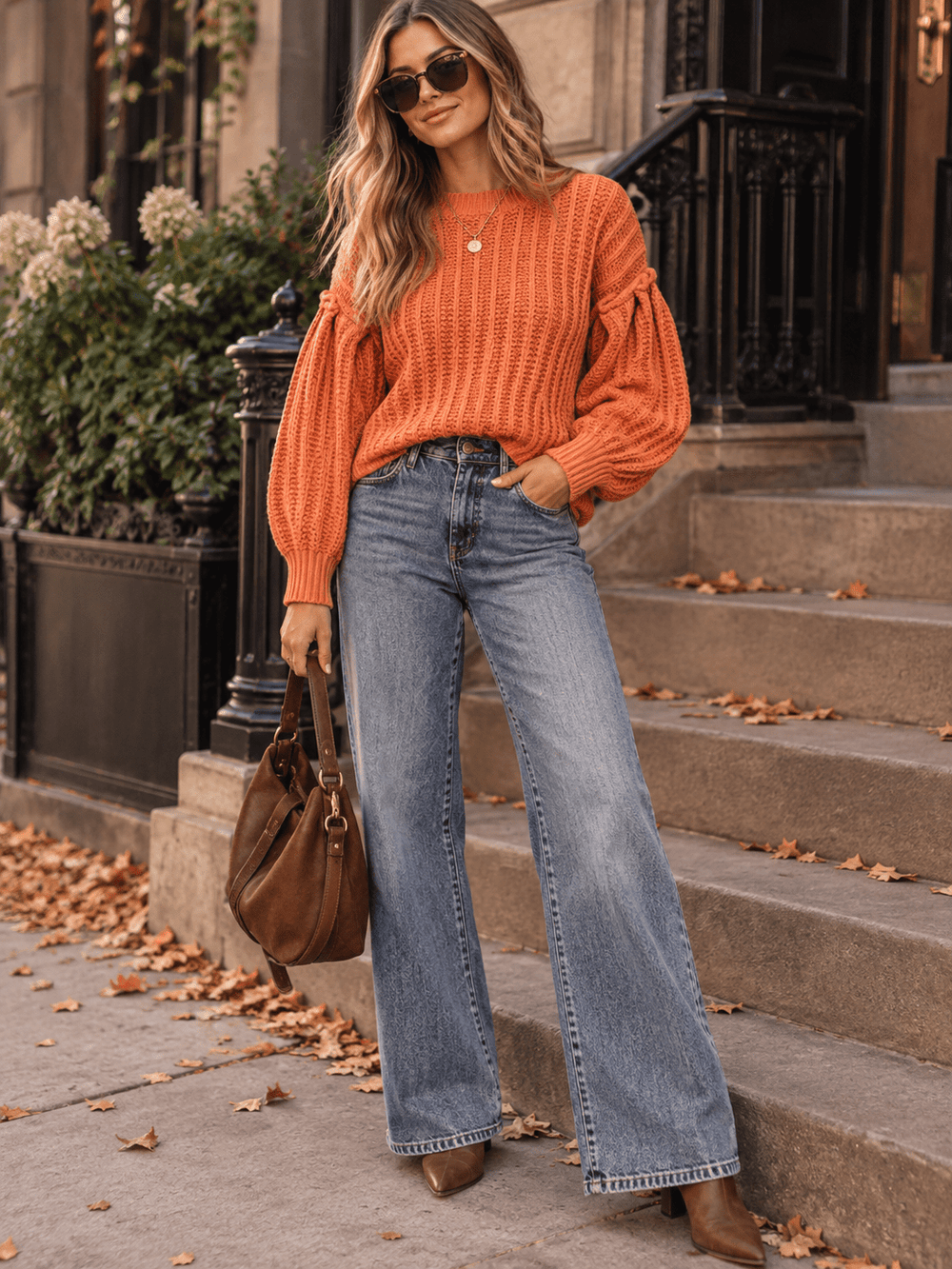 WOMEN'S LONG BALLOON SLEEVE KNIT PULLOVER SWEATER
