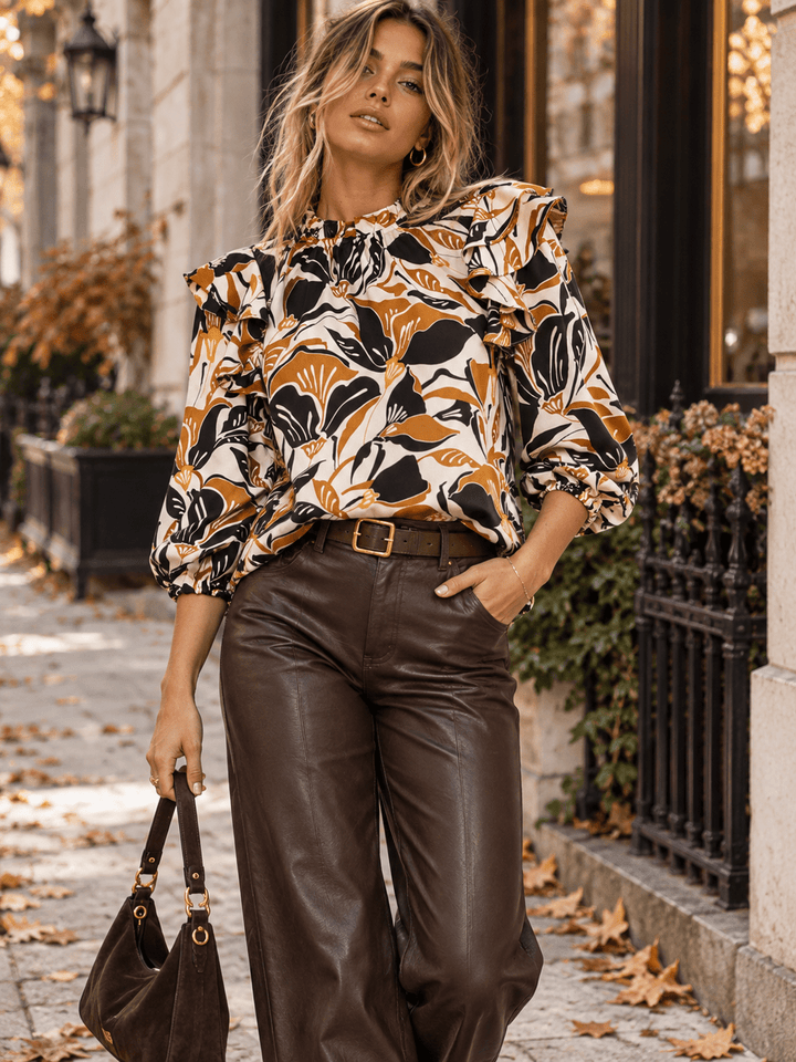 ENTRO WOMEN'S 3/4 SLEEVE RUFFLE FLORAL PRINT BLOUSE
