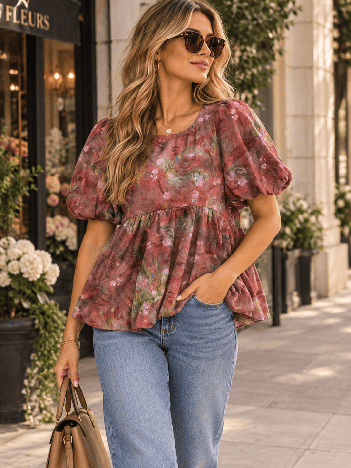 ENTRO WOMEN'S SHORT PUFF SLEEVE MULTI PRINT PEPLUM BLOUSE