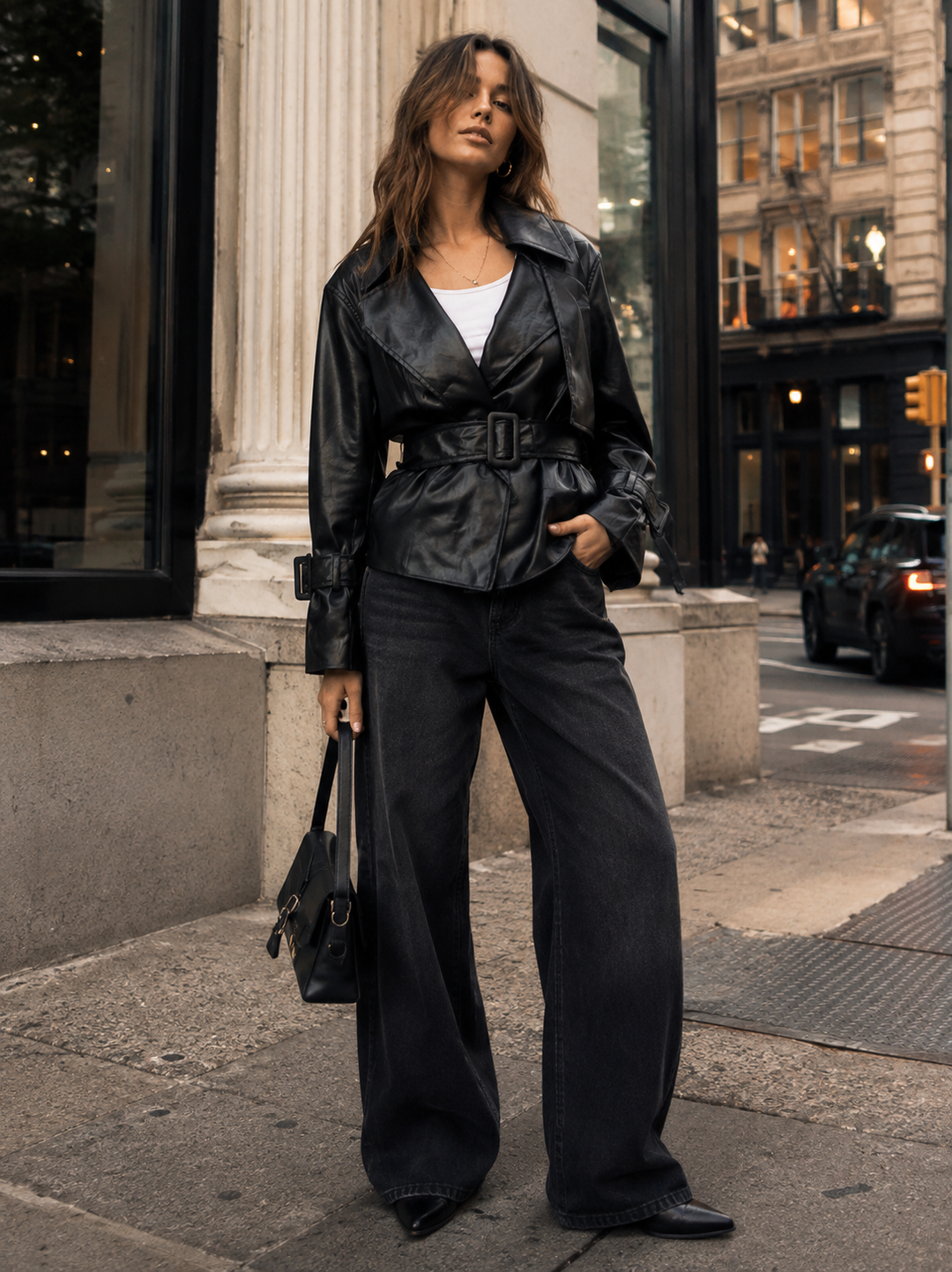 WOMEN'S LONG SLEEVE BELTED PU PLEATHER JACKET