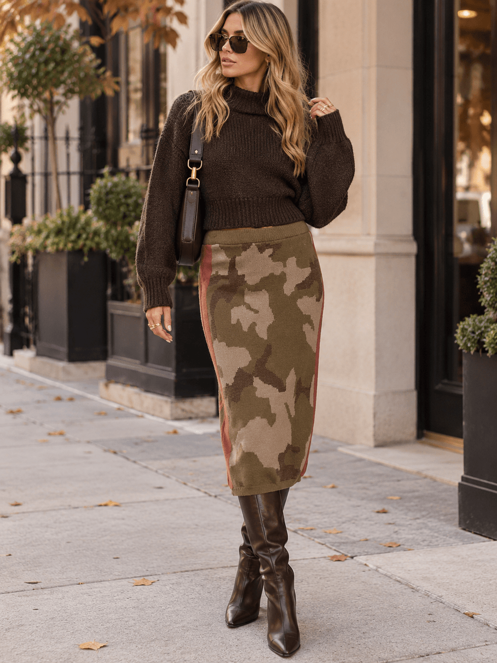 WOMEN'S ELASTIC WAIST CAMO PRINT MIDI SKIRT