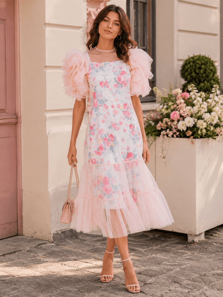 BEULAH WOMEN'S SHORT PUFF SLEEVE FLORAL LINING TULLE MIDI DRESS