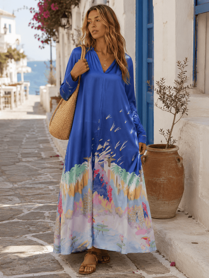BEULAH WOMEN'S LONG SLEEVE V-NECK BUTTON UP MULTI PRINT MAXI DRESS