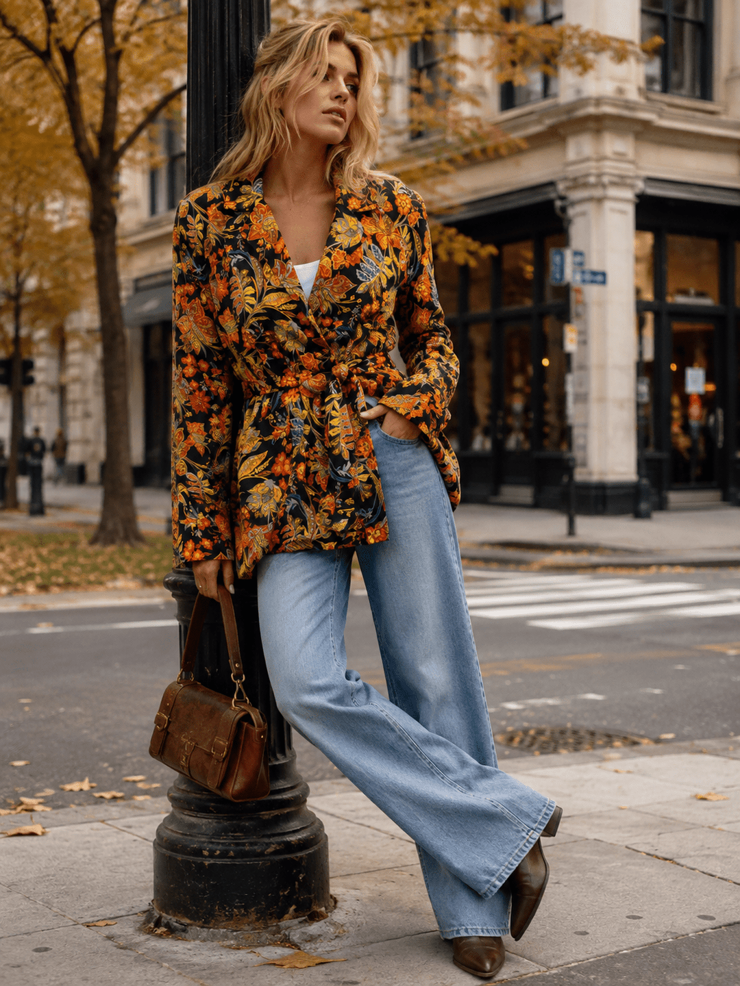 WOMEN'S LONG SLEEVE POCKETS OPEN FRONT SELF TIE FLORAL BLAZER