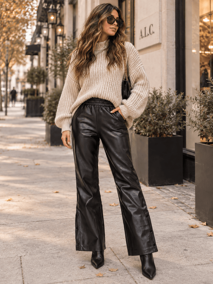 WOMEN'S ELASTIC WAIST FRONT POCKETS STRAIGHT LEG PU PLEATHER PANTS