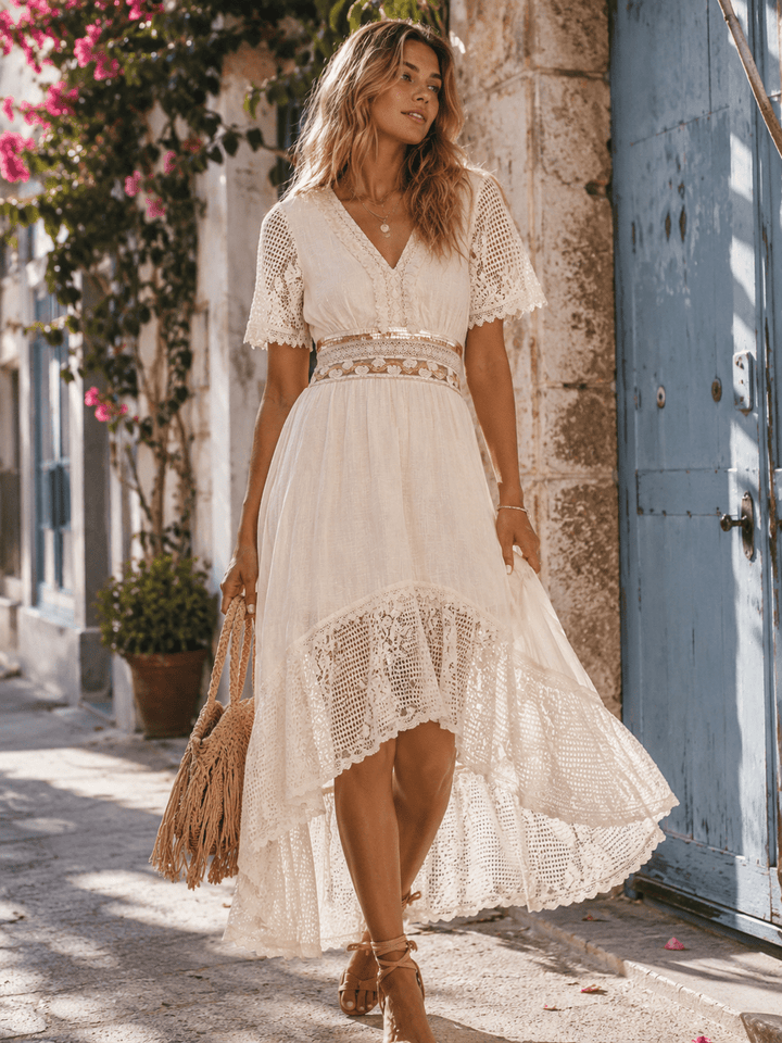 WOMEN'S SHORT SLEEVE V-NECK HIGH-LOW CROCHET SEQUINS MAXI DRESS