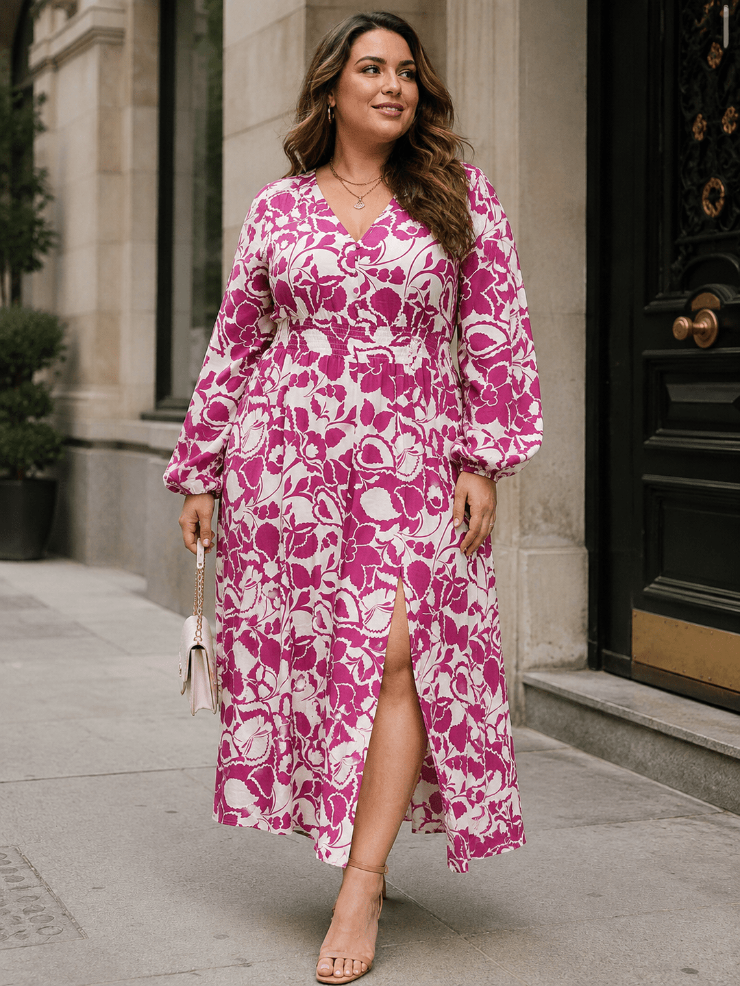 PLUS SIZE LONG SLEEVE V-NECK ELASTIC WAIST FLORAL PRINT MAXI DRESS