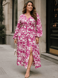 PLUS SIZE LONG SLEEVE V-NECK ELASTIC WAIST FLORAL PRINT MAXI DRESS