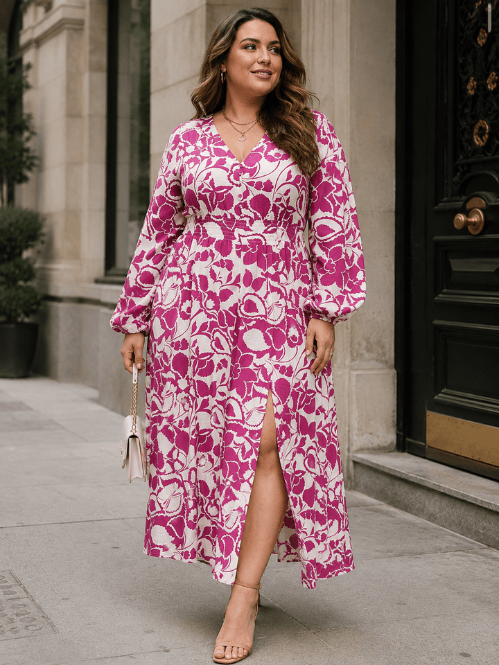PLUS SIZE LONG SLEEVE V-NECK ELASTIC WAIST FLORAL PRINT MAXI DRESS