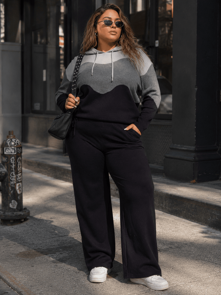PLUS SIZE LONG SLEEVE HOODED SWEATER & ELASTIC WAIST WIDE LEG PANTS COLORBLOCK 2PC. SET