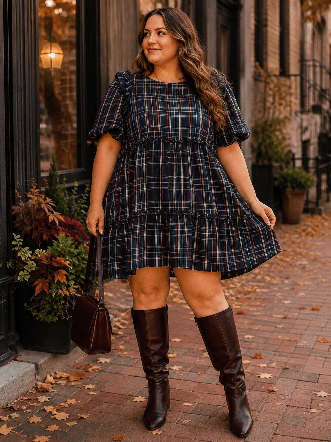 ENTRO PLUS SIZE SHORT SLEEVE POCKETS TIERED PLAID TUNIC MINI DRESS