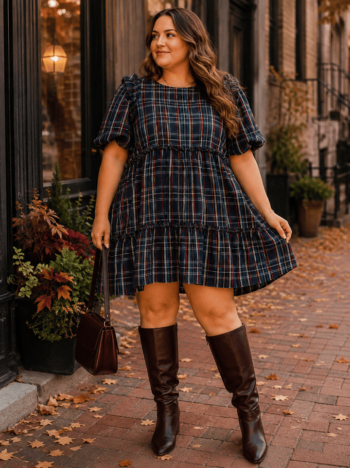 ENTRO PLUS SIZE SHORT SLEEVE POCKETS TIERED PLAID TUNIC MINI DRESS
