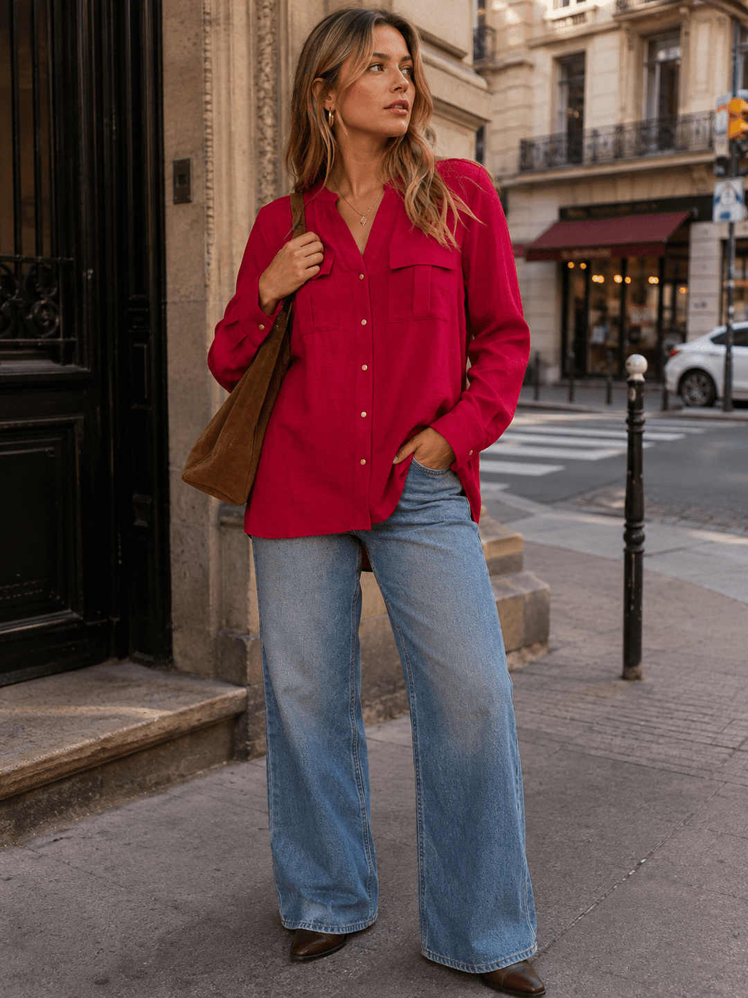 ENTRO WOMEN'S LONG SLEEVE BUTTON UP FRONT POCKETS BLOUSE