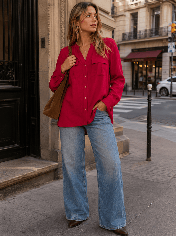 ENTRO WOMEN'S LONG SLEEVE BUTTON UP FRONT POCKETS BLOUSE
