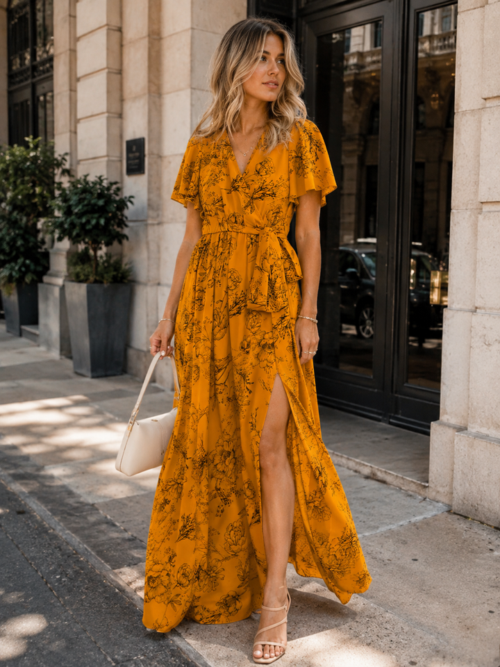 WOMEN'S SHORT SLEEVE SURPLICE ELASTIC WAIST SELF TIE FLORAL MAXI DRESS