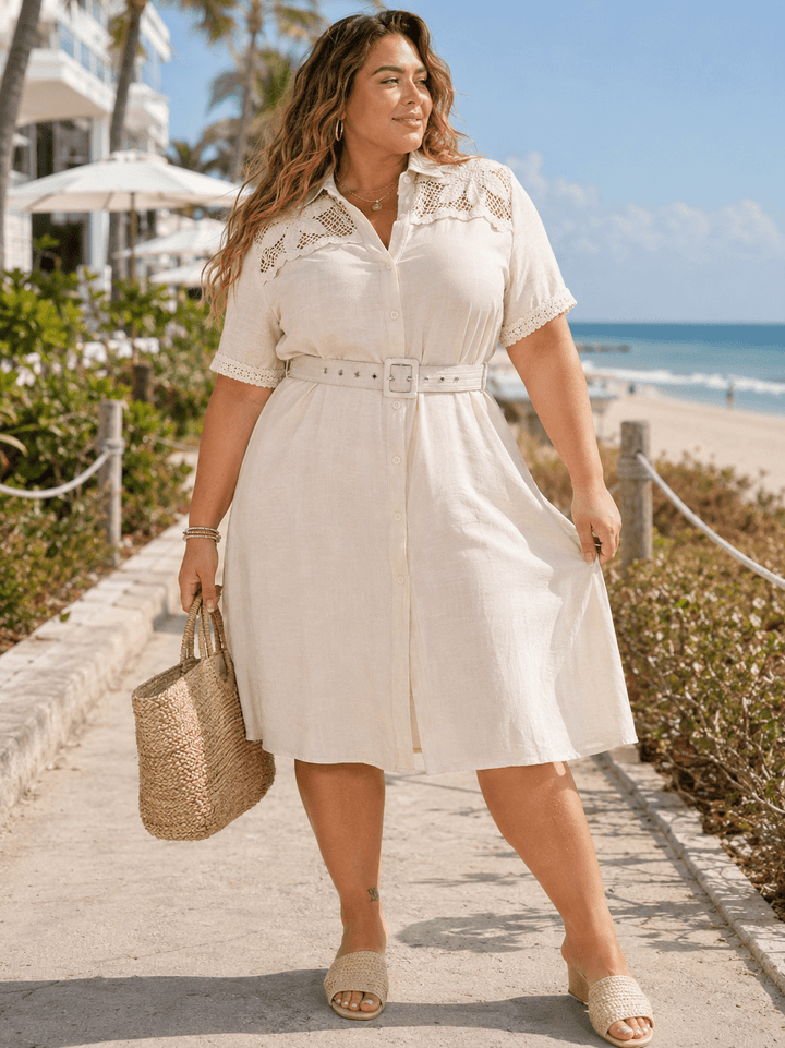 PLUS SIZE SHORT SLEEVE BUTTON UP BELTED CROCHET MINI DRESS