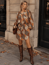 WOMEN'S LONG SLEEVE BUTTON UP FRONT POCKET SELF TIE MULTI PRINT MINI DRESS