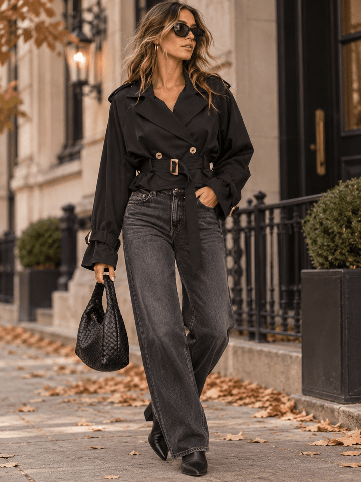 ENTRO WOMEN'S LONG SLEEVE BUTTON CLOSURE BELTED JACKET