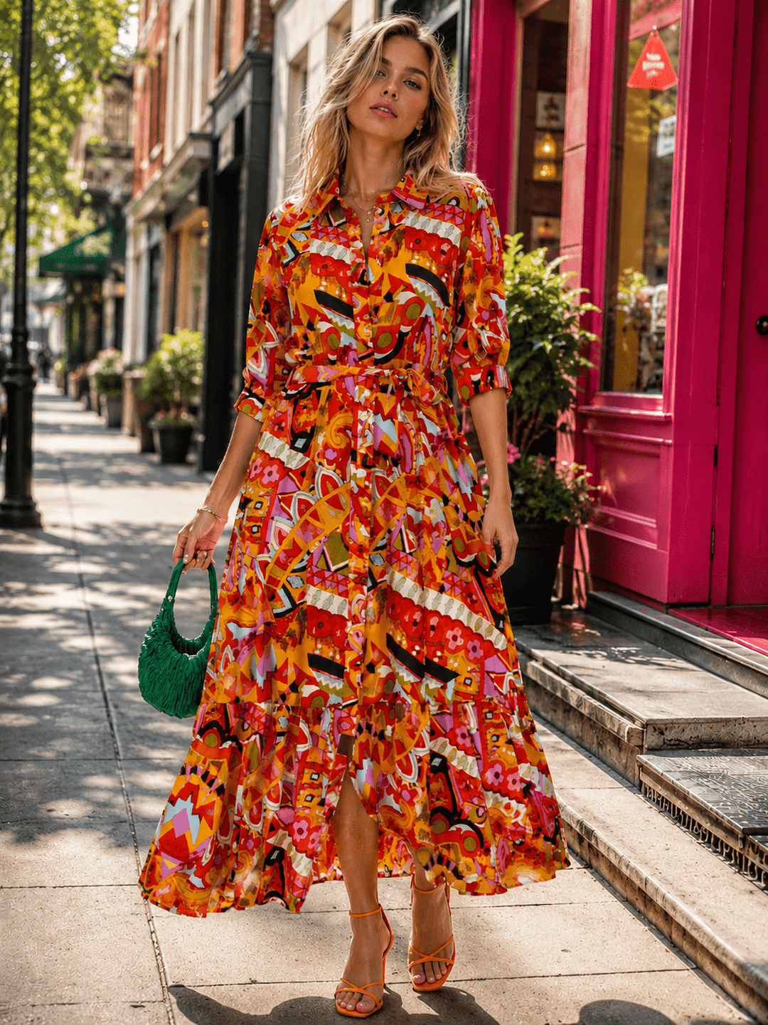 WOMEN'S SHORT SLEEVE BUTTON UP FRONT POCKETS MULTI PRINT MAXI DRESS