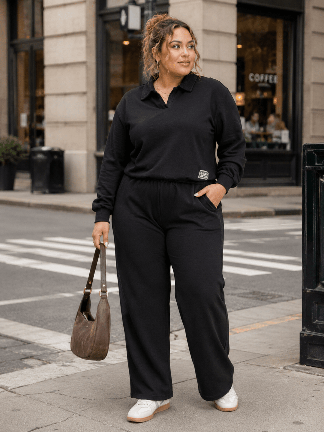 PLUS SIZE LONG SLEEVE PULLOVER SWEATER & ELASTIC WAIST WIDE LEG PANTS LACE TRIM 2PC. SET