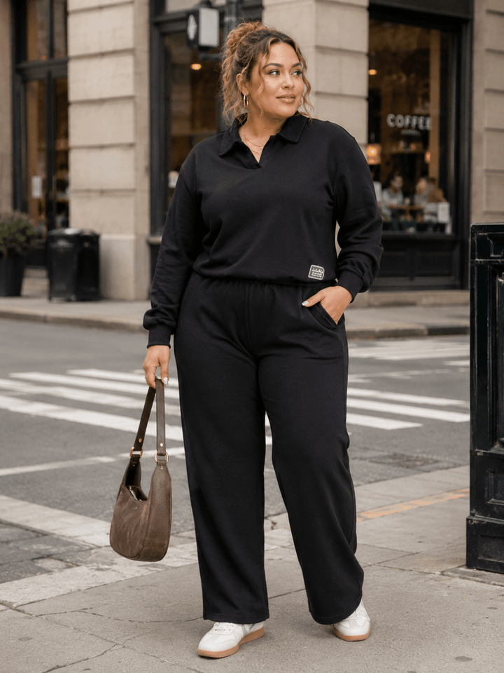 PLUS SIZE LONG SLEEVE PULLOVER SWEATER & ELASTIC WAIST WIDE LEG PANTS LACE TRIM 2PC. SET