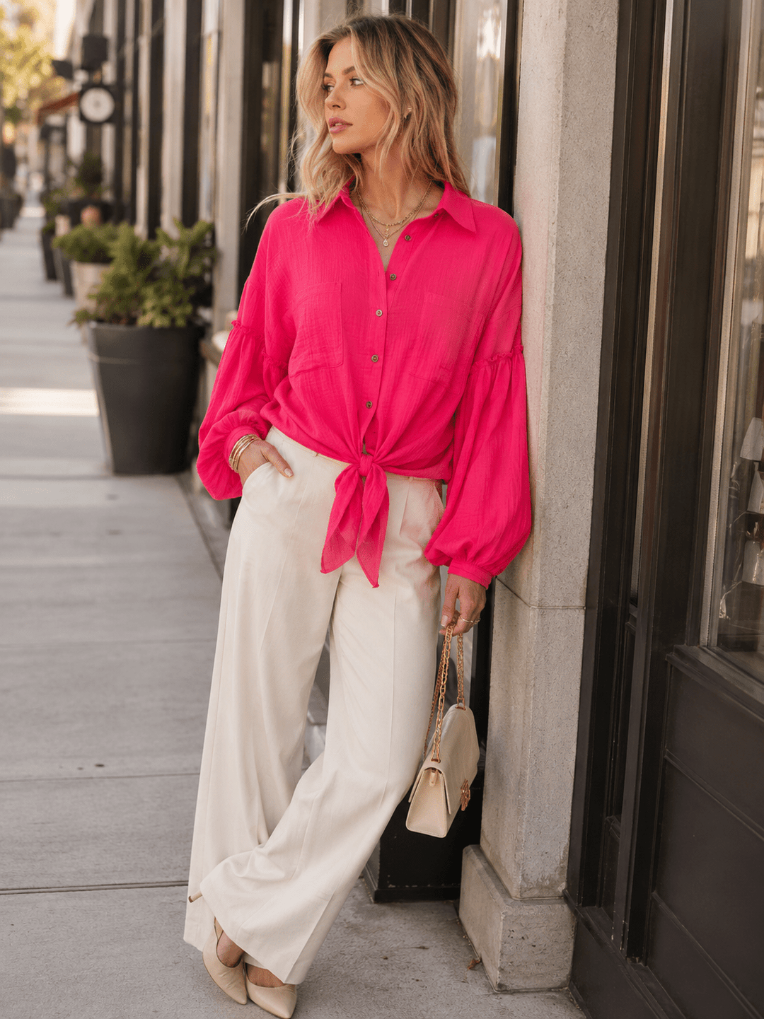 WOMEN'S LONG BALLOON SLEEVE BUTTON UP FRONT POCKETS BLOUSE