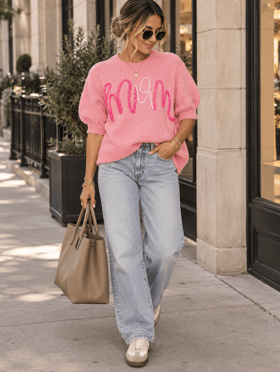 WOMEN'S SHORT SLEEVE MOM SWEATER TOP