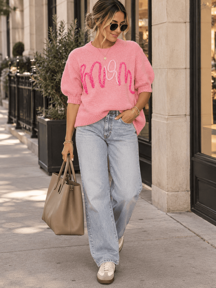 WOMEN'S SHORT SLEEVE MOM SWEATER TOP