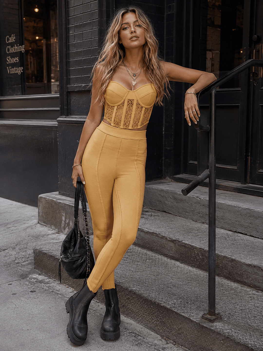WOMEN'S SLEEVELESS BRALETTE TOP & ZIP UP SKINNY LEG PANTS BANDAGE 2PC. SET