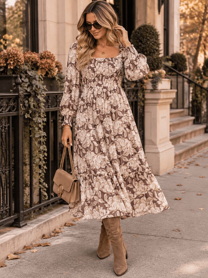 WOMEN'S LONG SLEEVE SMOCK FLORAL PRINT MAXI DRESS