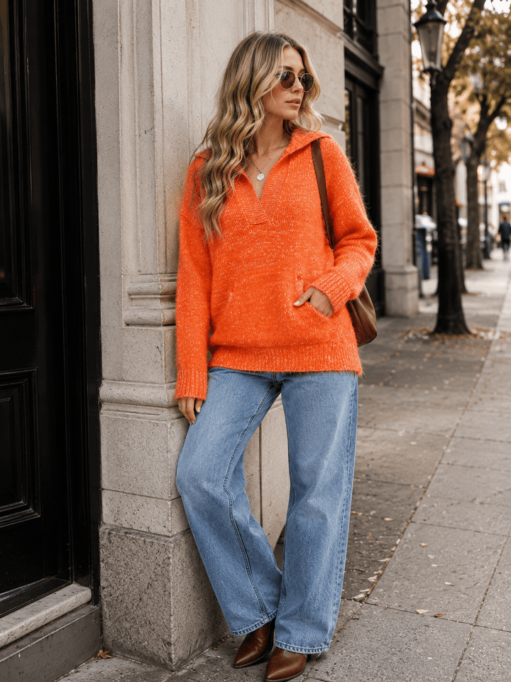 WOMEN'S LONG SLEEVE V-NECK FRONT POCKET PULLOVER SWEATER
