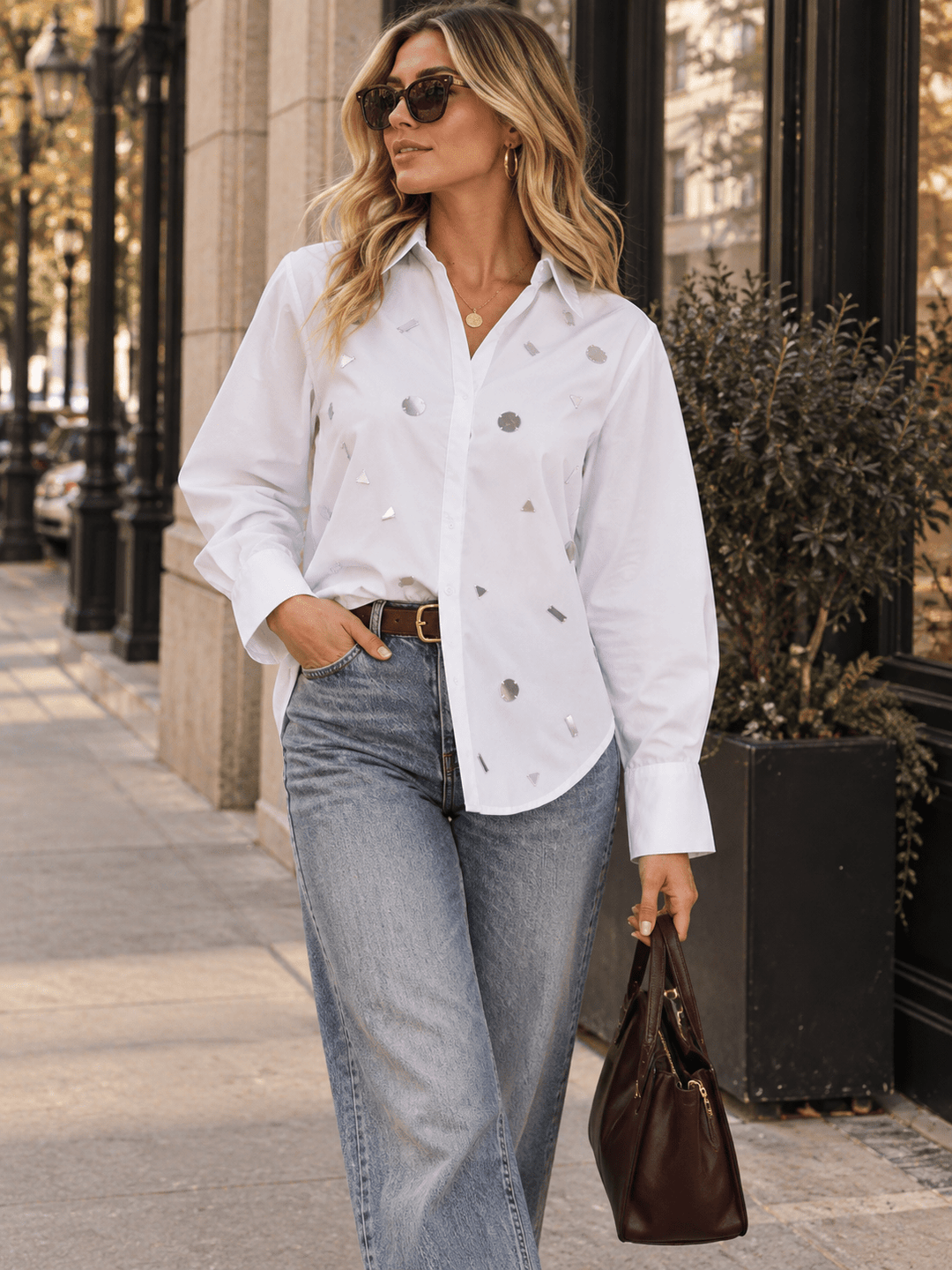WOMEN'S LONG SLEEVE BUTTON UP DETAILED SHIRT