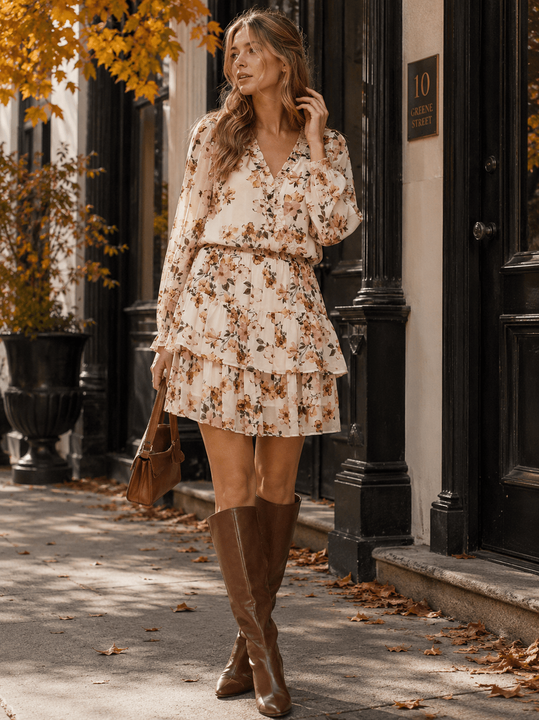 WOMEN'S LONG SLEEVE SURPLICE SMOCK WAIST TIERED FLORAL MINI DRESS