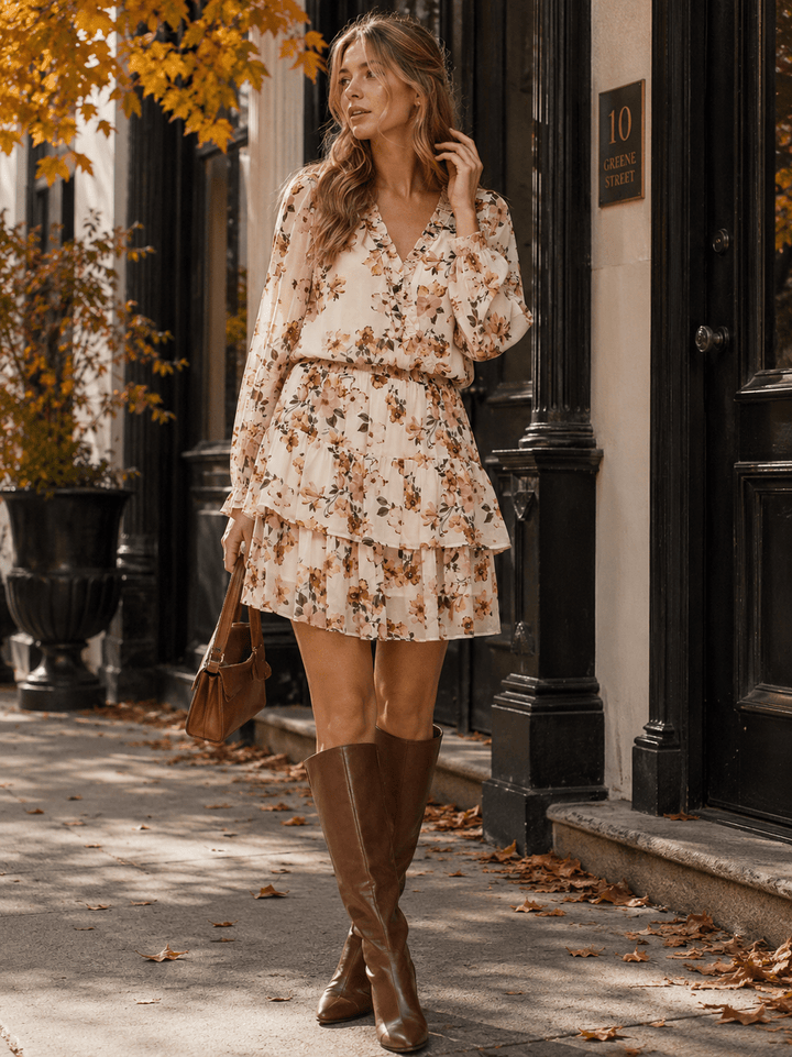 WOMEN'S LONG SLEEVE SURPLICE SMOCK WAIST TIERED FLORAL MINI DRESS