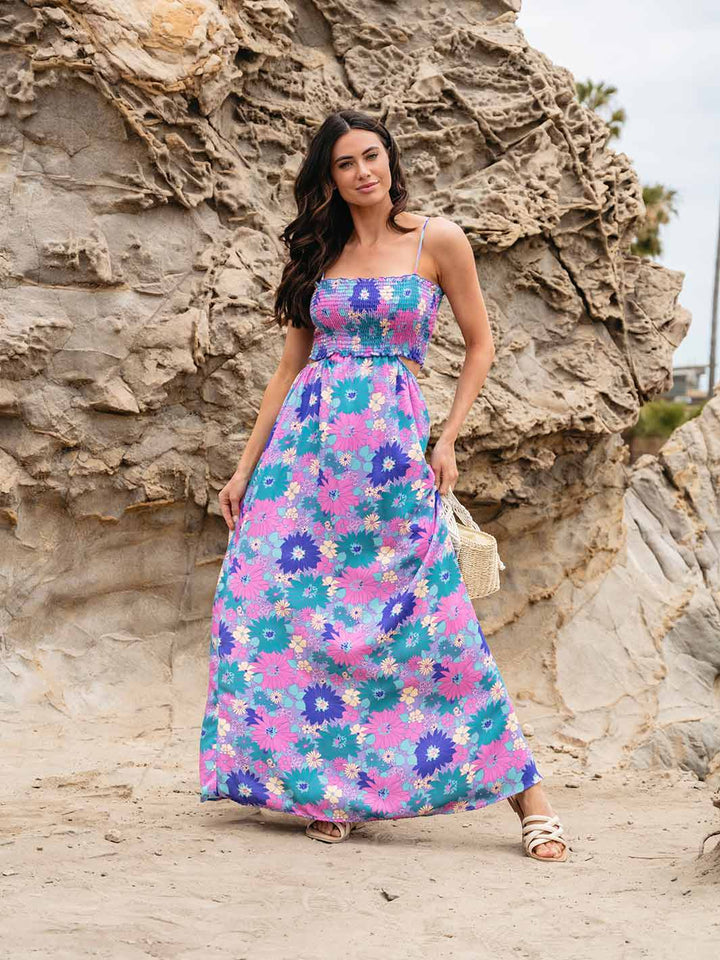 WOMEN'S SLEEVELESS SMOCK CUT OUT FLORAL MAXI DRESS