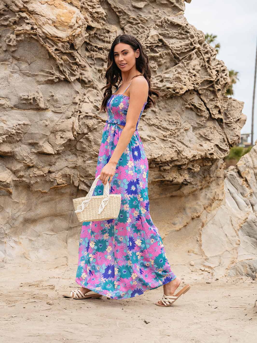 WOMEN'S SLEEVELESS SMOCK CUT OUT FLORAL MAXI DRESS