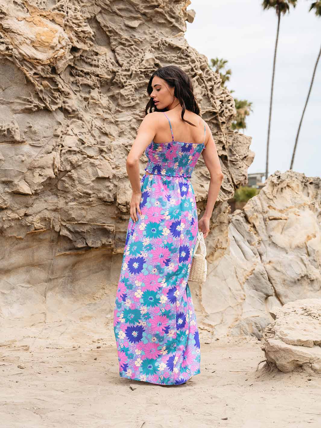 WOMEN'S SLEEVELESS SMOCK CUT OUT FLORAL MAXI DRESS