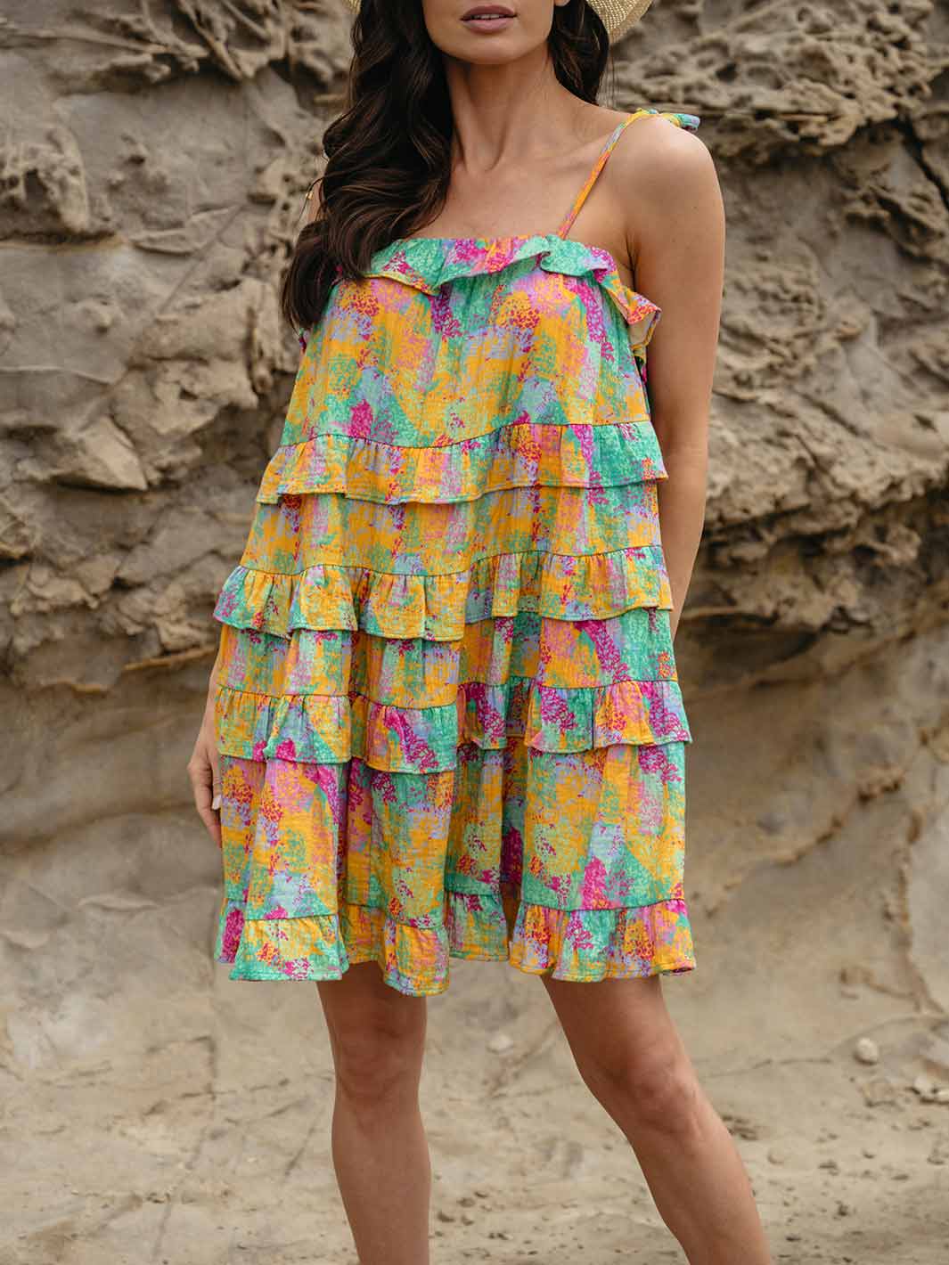 WOMEN'S SLEEVELESS RUFFLE TIERED TUNIC MULTI MINI DRESS