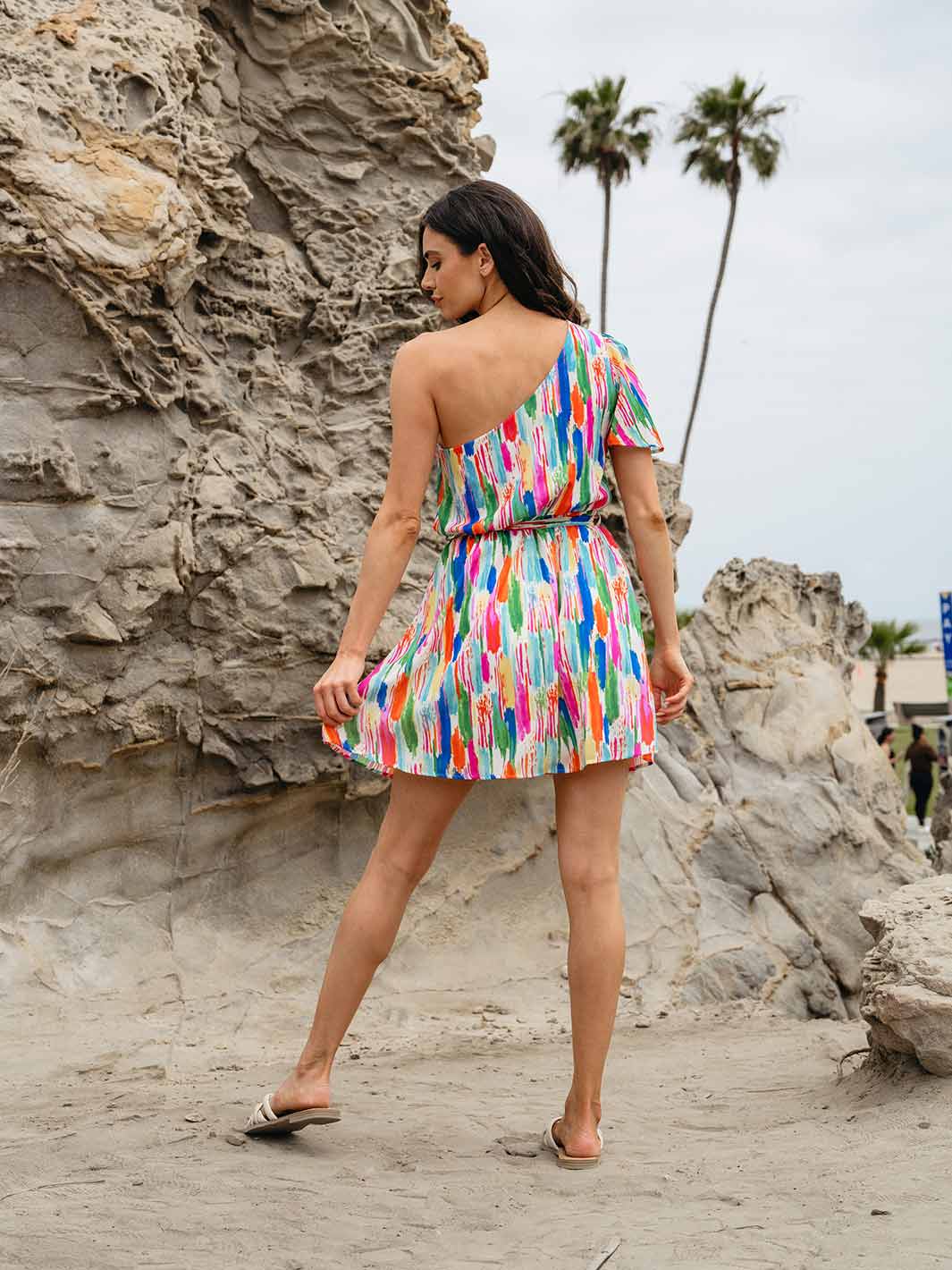 WOMEN'S ONE SHOULDER SELF TIE MULTI PRINT MINI DRESS