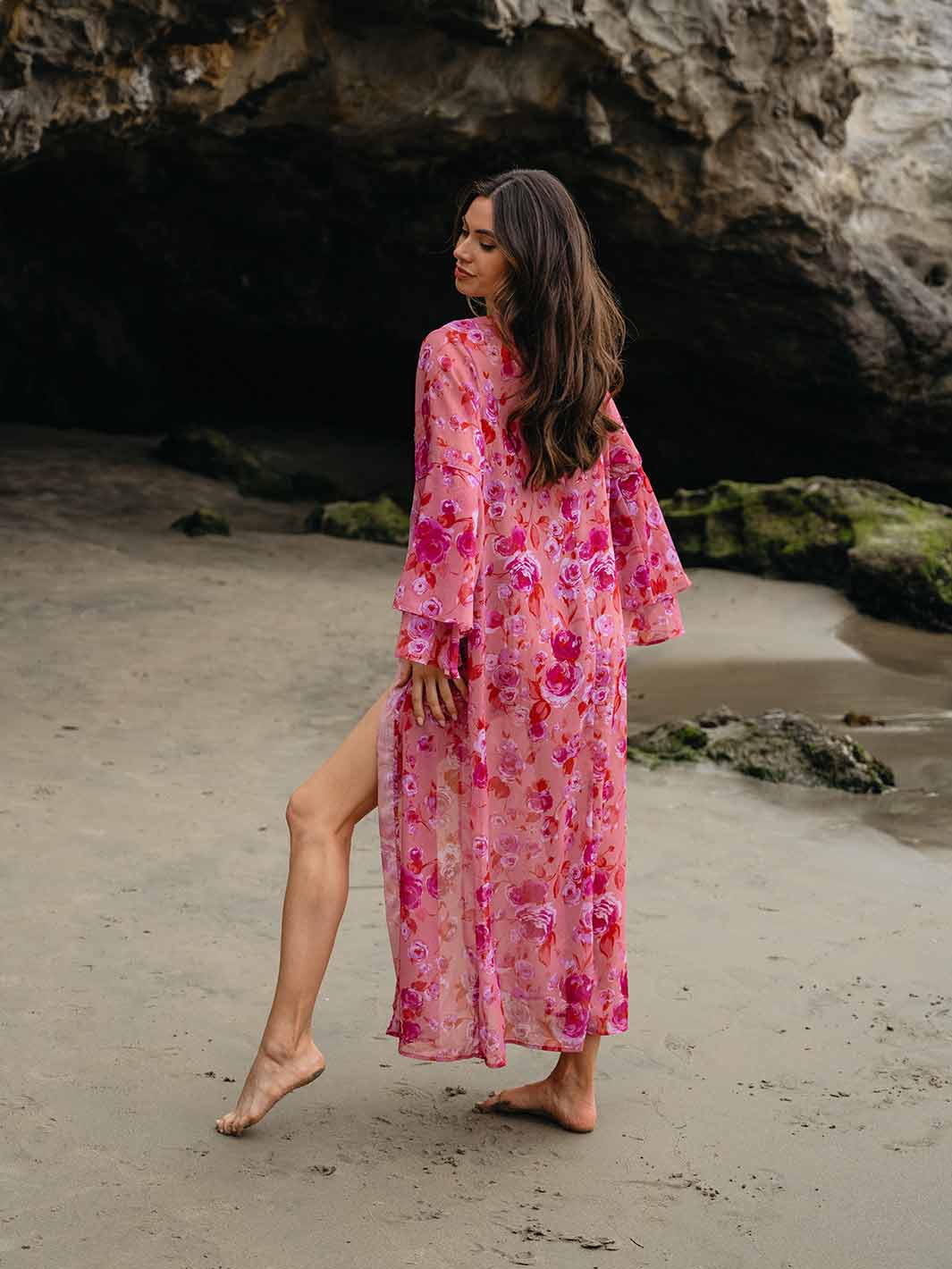 WOMEN'S RUFFLE SLEEVE OPEN FRONT FLORAL KIMONO