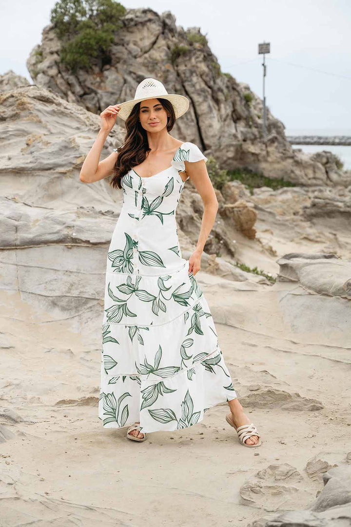 WOMEN'S RUFFLE SLEEVE TIERED BUTTON UP LEAF PRINT MAXI DRESS