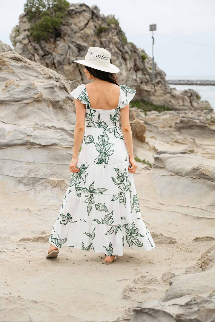WOMEN'S RUFFLE SLEEVE TIERED BUTTON UP LEAF PRINT MAXI DRESS