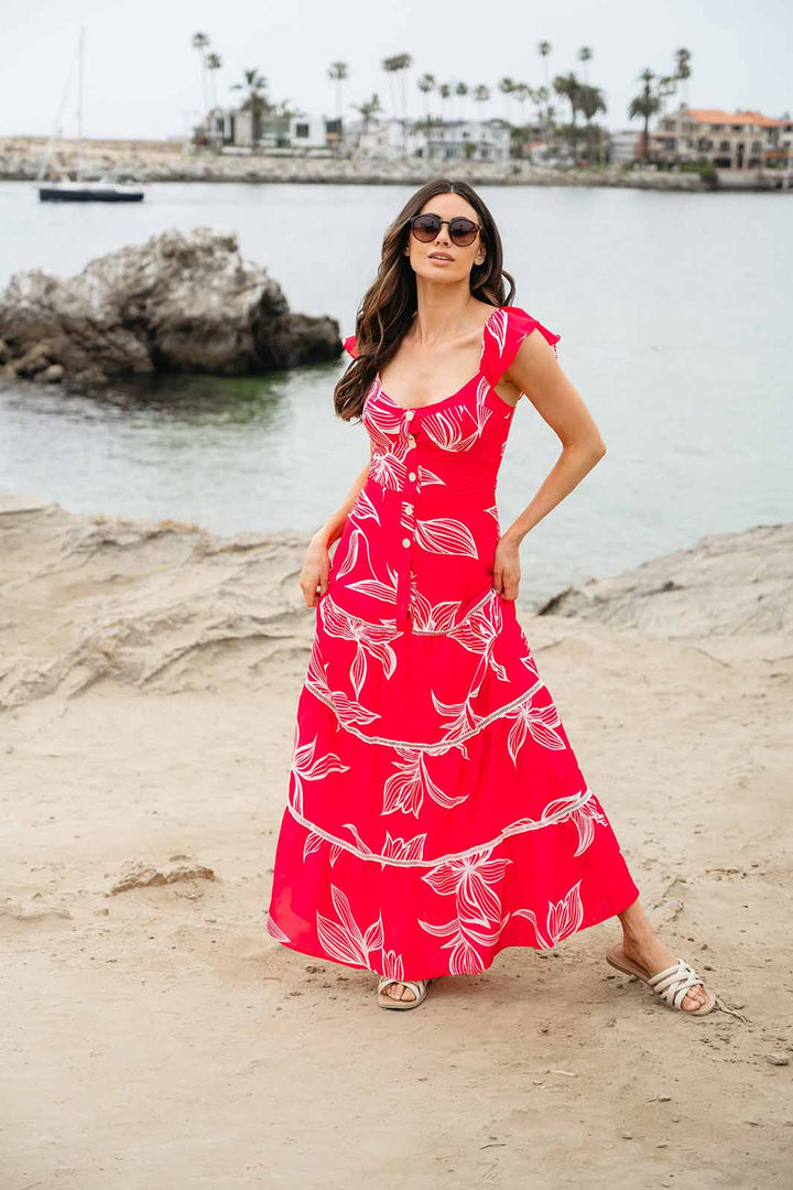 WOMEN'S RUFFLE SLEEVE TIERED BUTTON UP LEAF PRINT MAXI DRESS