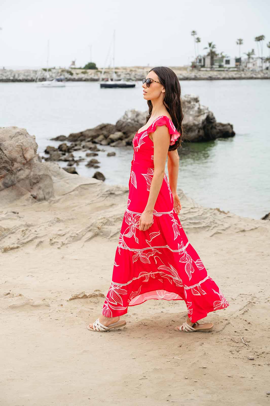 WOMEN'S RUFFLE SLEEVE TIERED BUTTON UP LEAF PRINT MAXI DRESS