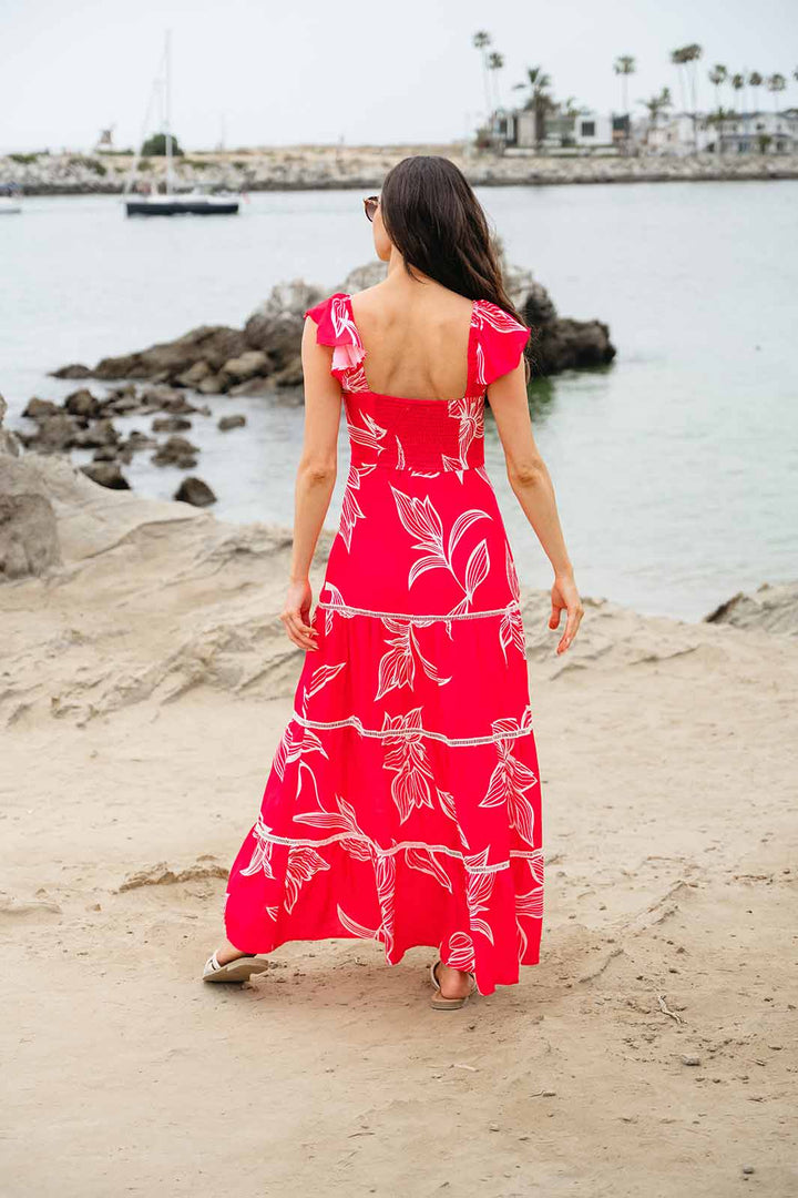 WOMEN'S RUFFLE SLEEVE TIERED BUTTON UP LEAF PRINT MAXI DRESS