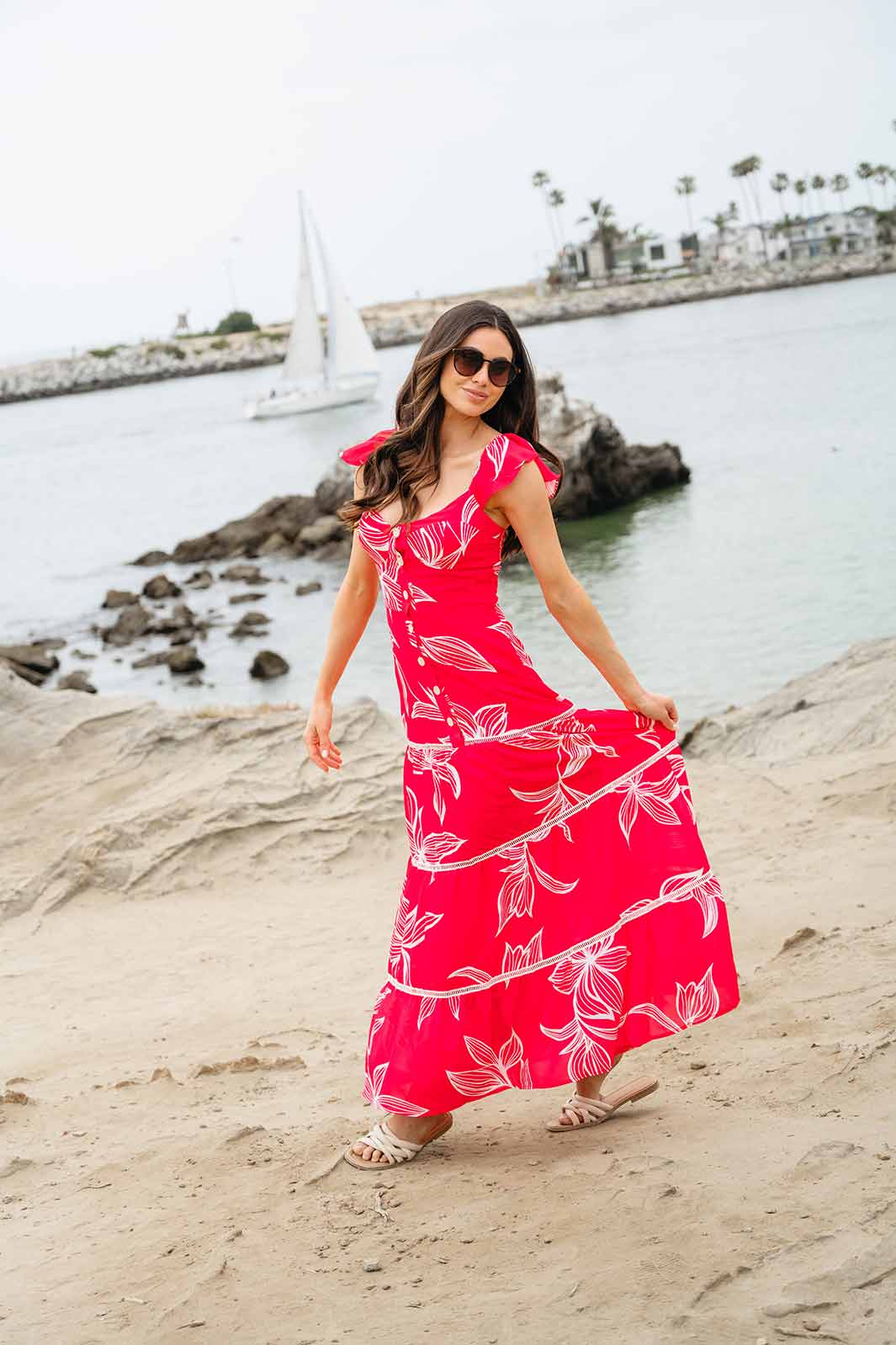 WOMEN'S RUFFLE SLEEVE TIERED BUTTON UP LEAF PRINT MAXI DRESS