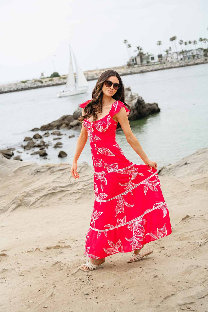 WOMEN'S RUFFLE SLEEVE TIERED BUTTON UP LEAF PRINT MAXI DRESS