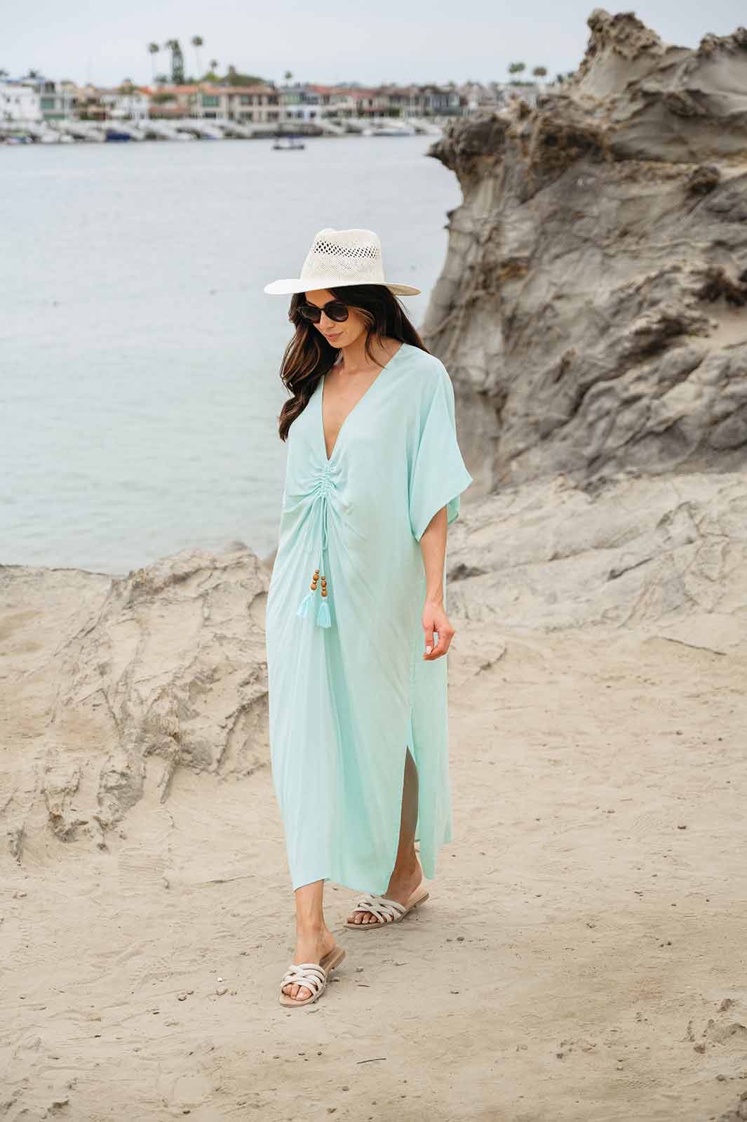 WOMEN'S SHORT SLEEVE V-NECK RUCHED TUNIC MAXI DRESS