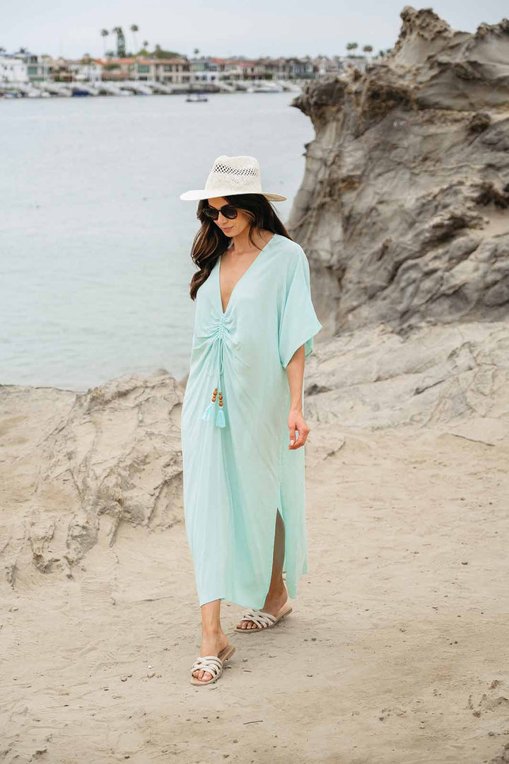 WOMEN'S SHORT SLEEVE V-NECK RUCHED TUNIC MAXI DRESS